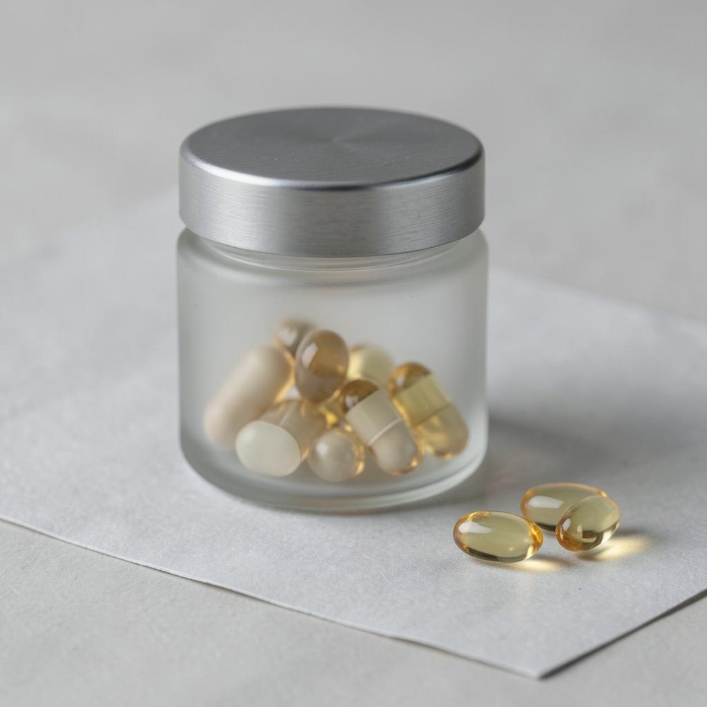 Aliquot ingestible skin supplement capsules in frosted glass jar